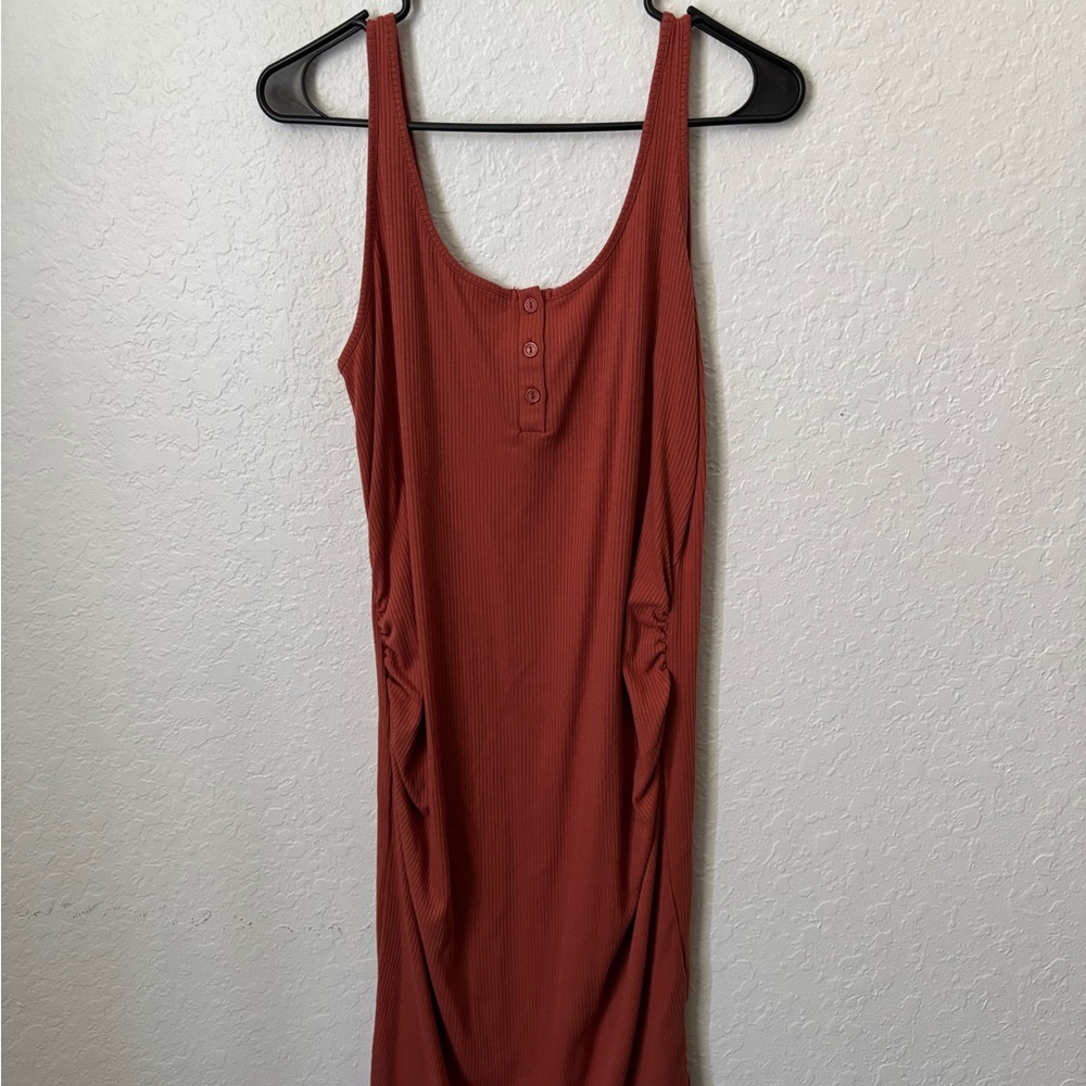Heart Hips Ruched Midi Dress – Burnt Orange Ribbed Stretch – 1X
